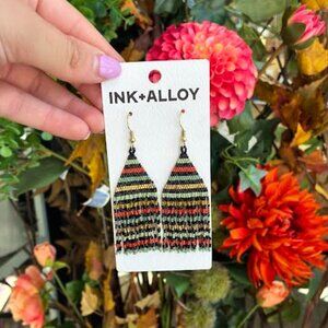 Ink + Alloy- Lexie Horizontal Lines Beaded Fringe Earrings- Greens and Rust- NWT